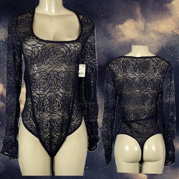Free People L Navy Blue Sheer Lace Scoop Neck Long Sleeve In My Head Bodysuit - Picture 1 of 6